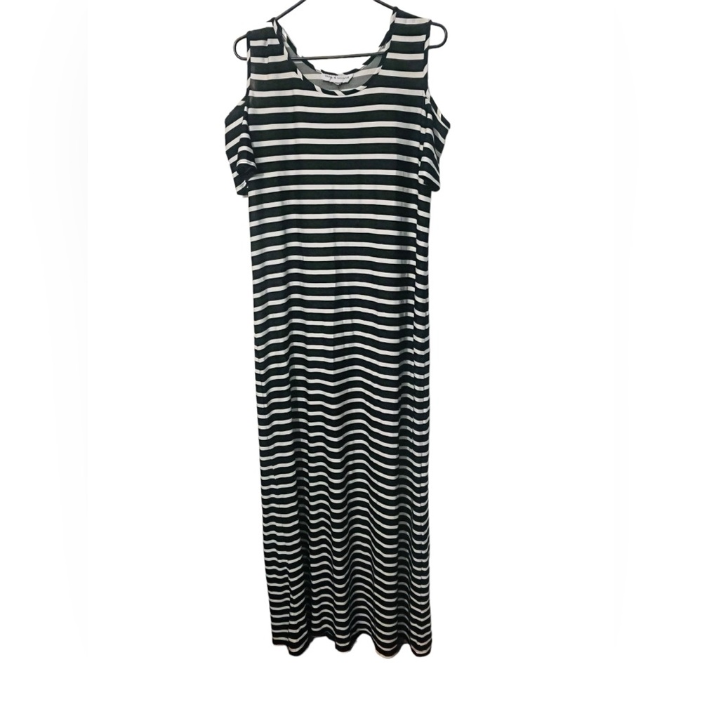 Emma & Michelle Women’s Large Black White Striped Maxi Dress With Cold Shoulders